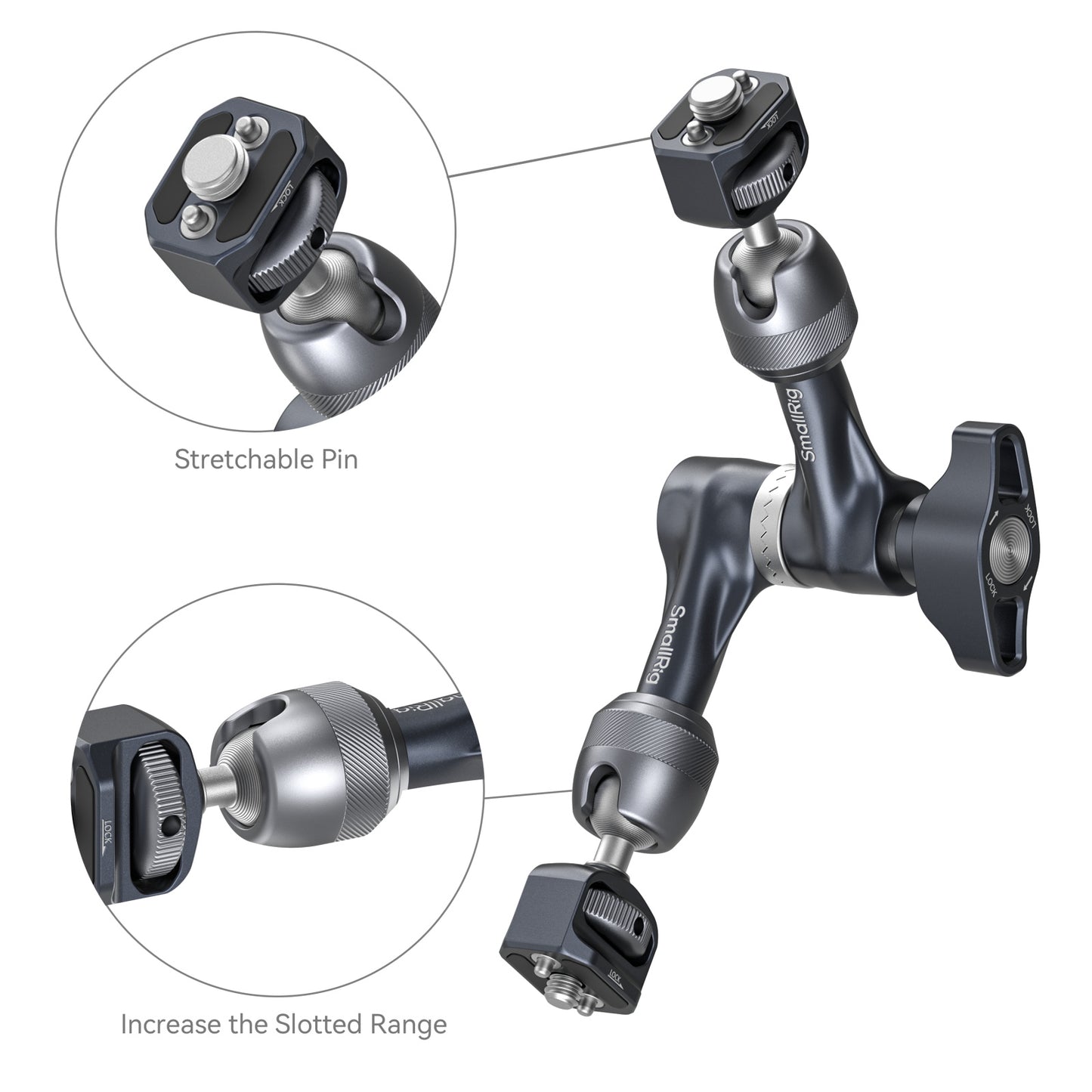 SmallRig Rosette Magic Arm 7-inch with 3/8”-16 ARRI locating screw – close-up showing stretchable pin and slotted range adjustments.