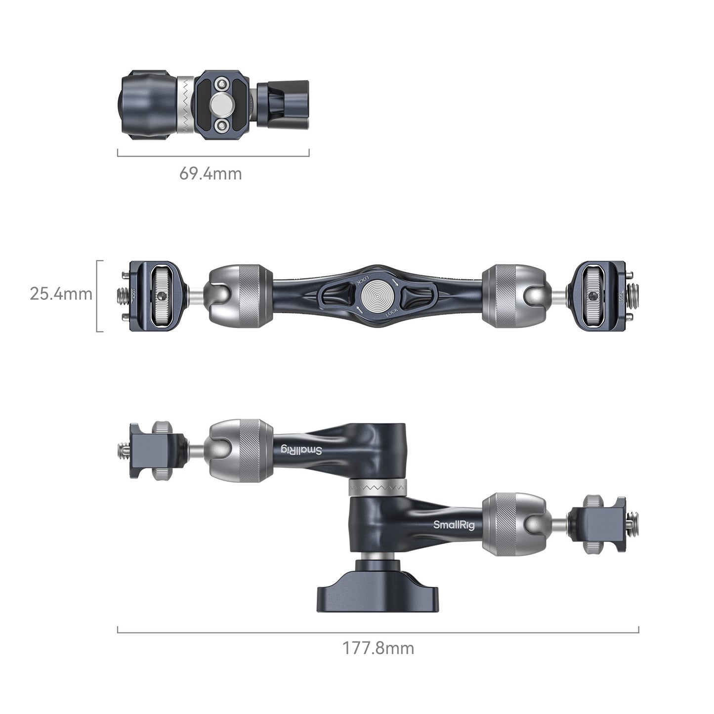 SmallRig Rosette Magic Arm 7-inch dimension diagram – technical drawing with measurements for length, width, and joint size.