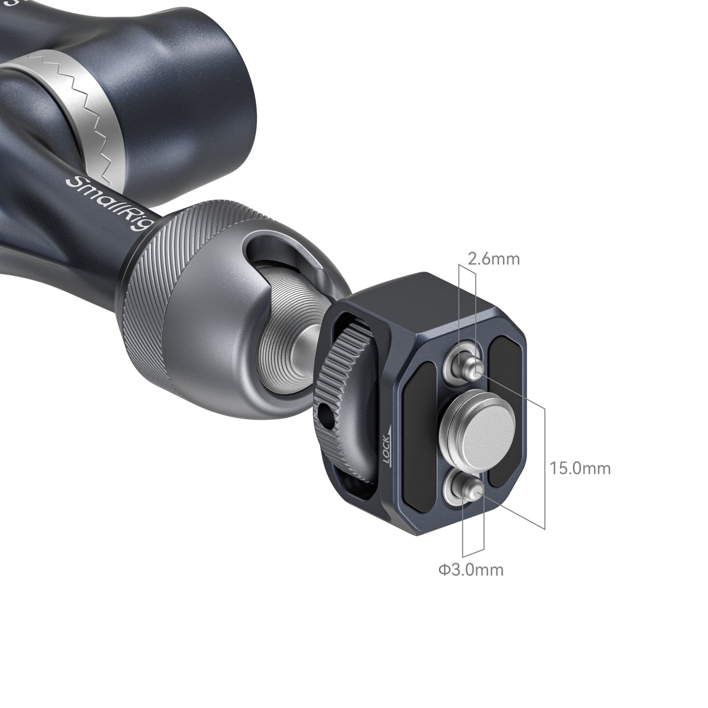 SmallRig Rosette Magic Arm 7-inch close-up of ARRI locating screw end with 3/8”-16 thread – precision-engineered for secure mounting.