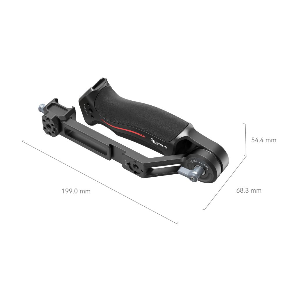 Folded view with dimensions (199mm length, 54.4mm height) for compact storage.