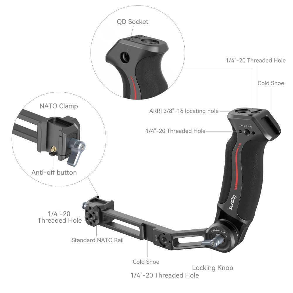 Annotated diagram showing the threaded holes, NATO clamp, ARRI locating hole, and cold shoe mounts.