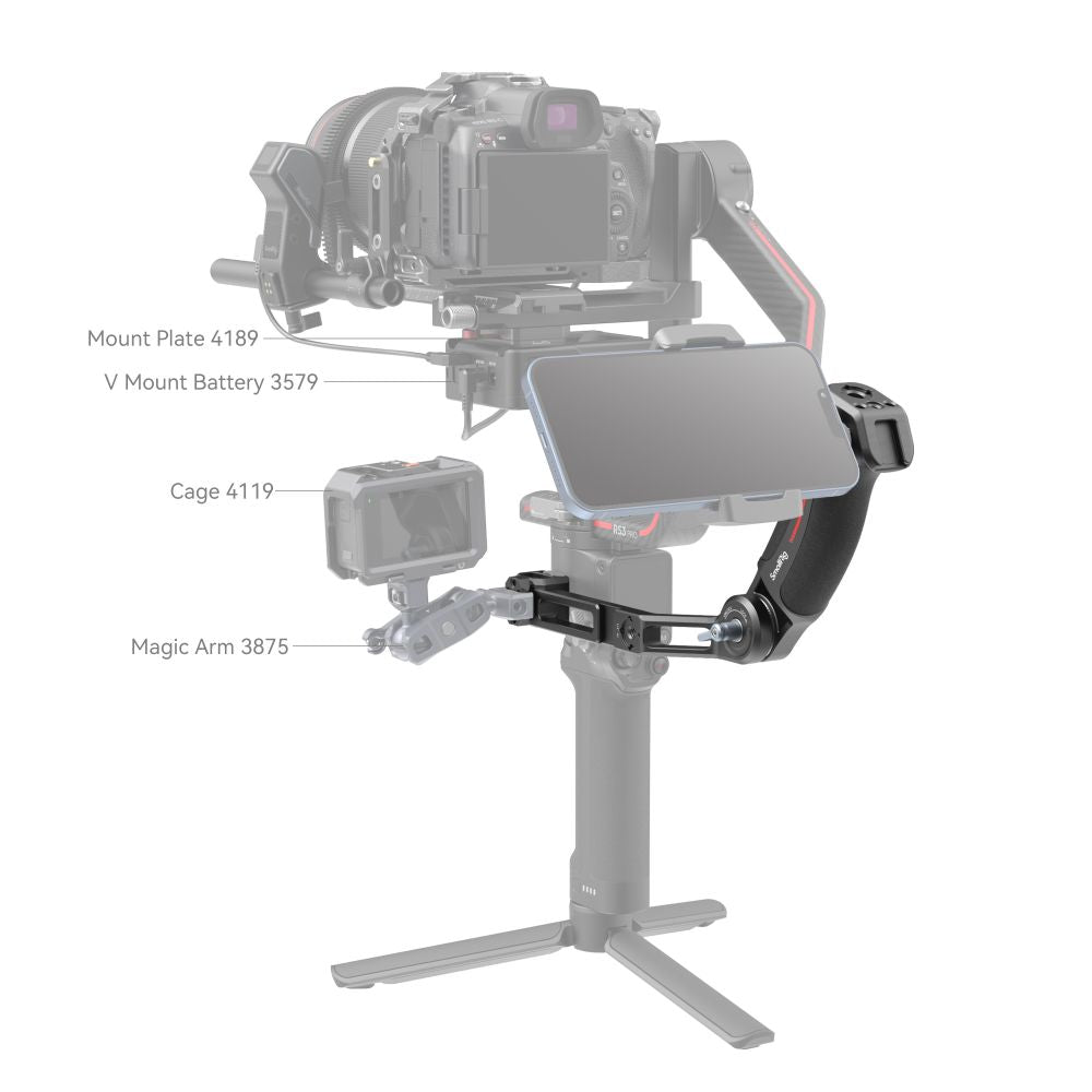 Sling Handle attached to DJI RS 3 gimbal with phone mount, monitor cage, and V-mount battery plate installed