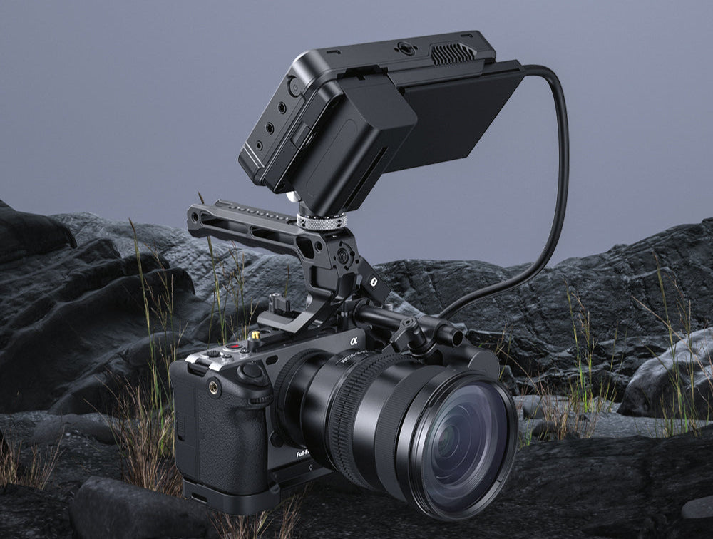 This image showcases a Sony FX3 rigged out with Smallrig top handles, Camera Cage, Follow Focus, Monitor Mounting point, Atomos ninja V and Rode Go Mic