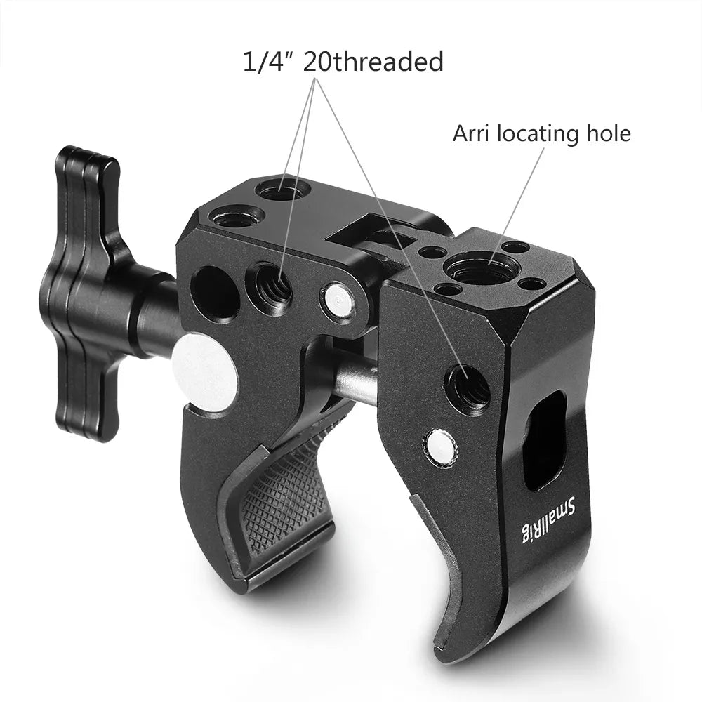 Thread detail of Super Clamp 2220 – 1/4”-20 threaded holes and ARRI locating hole labeled