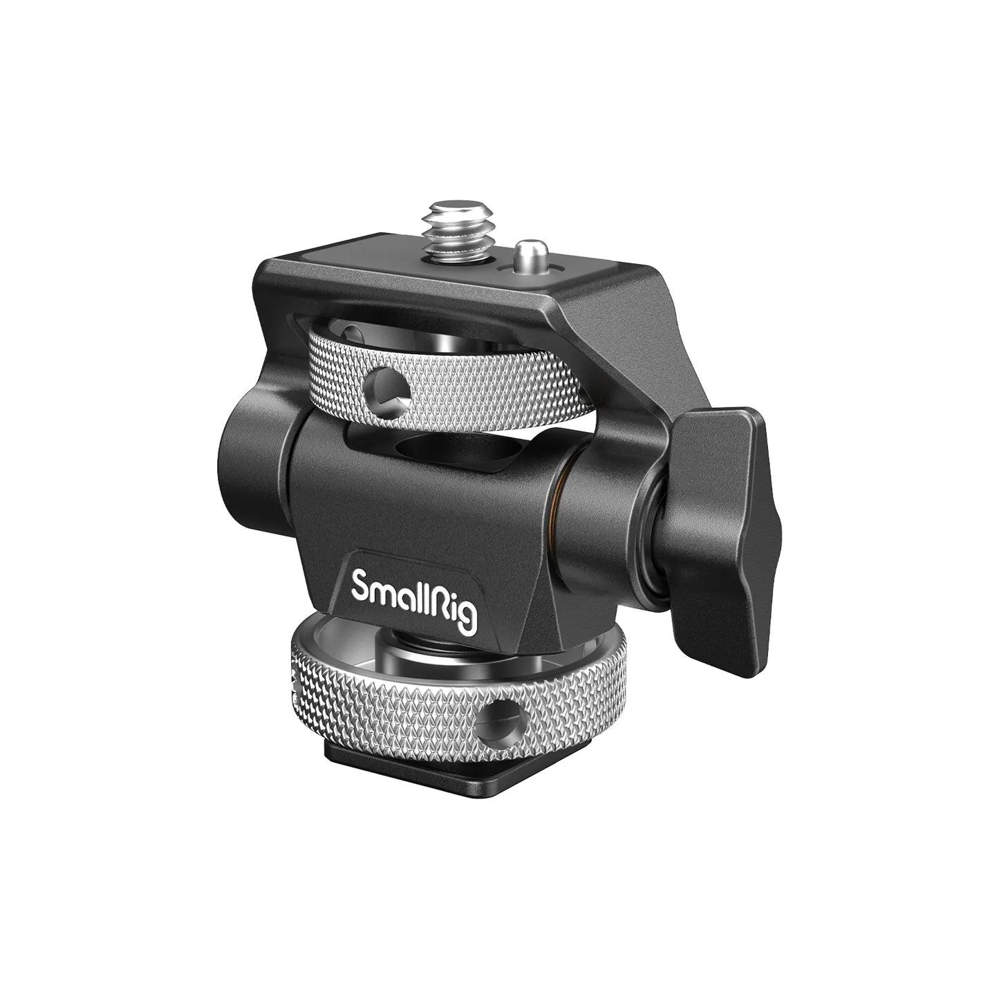 High-resolution front view of the SmallRig Swivel and Tilt Monitor Mount with silver knurled knobs and cold shoe interface.
