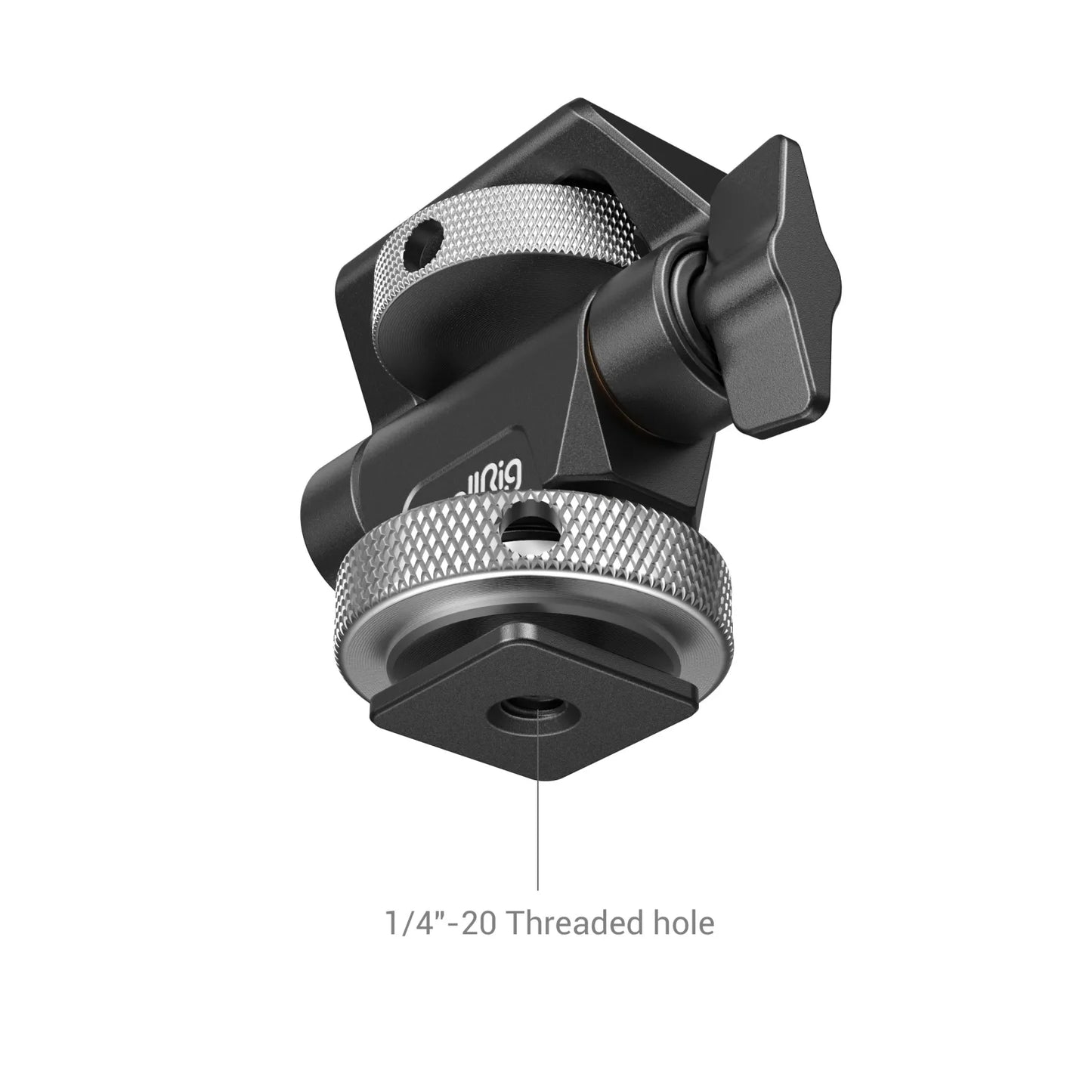 Close-up of the monitor mount’s base showing the 1/4”-20 threaded hole and knurled tightening ring.
