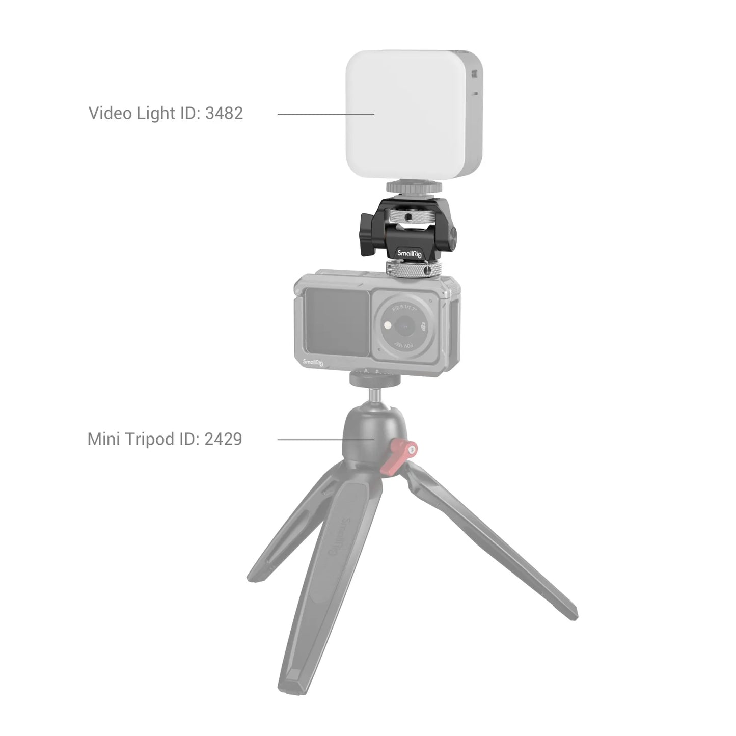 The mount in use with a SmallRig video light and action camera on a mini tripod, showing real-world application.