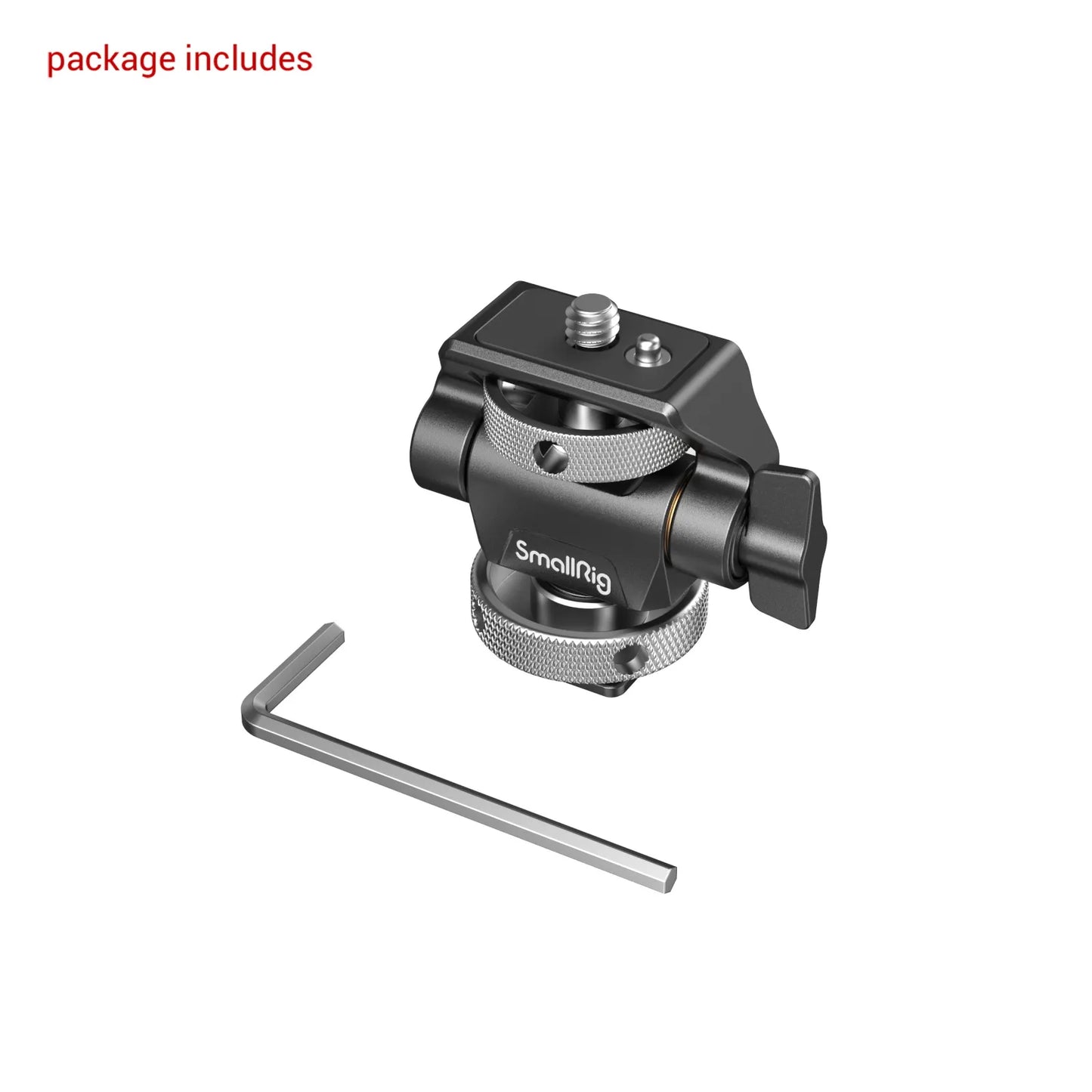 SmallRig monitor mount shown with included Allen key for adjustments and cold shoe attachment visible on top.