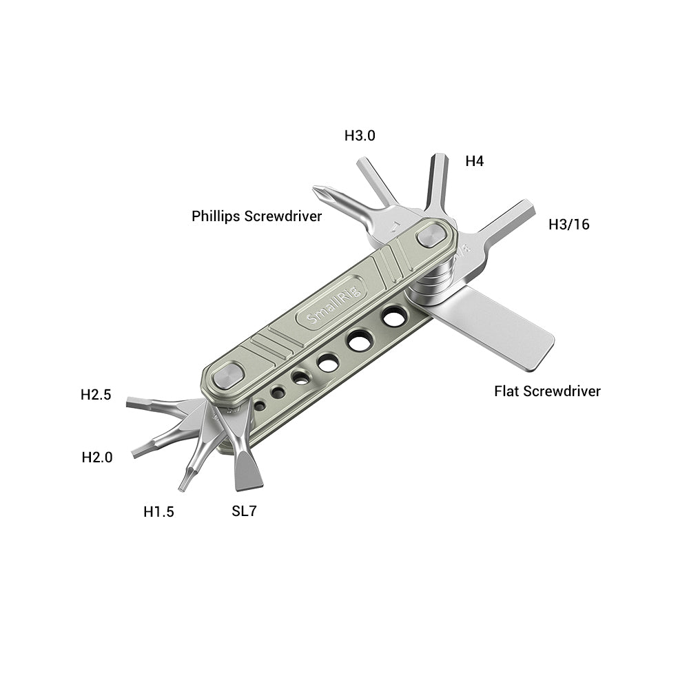 Labeled diagram of each tool in the 9-in-1 Multi-Tool Kit, including screwdrivers and hex keys.