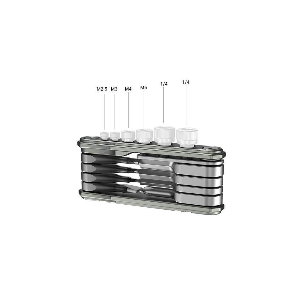 SmallRig tool kit showing included screw heads and bolt sizes, labeled with M2.5 to M5 and 1/4” screw types