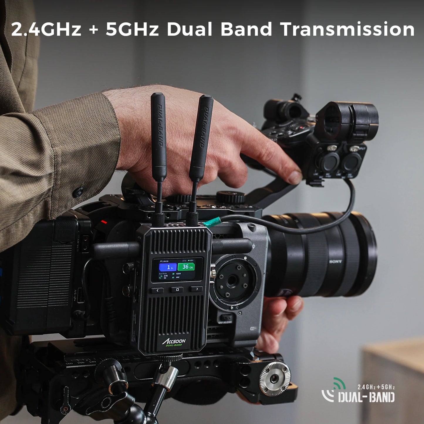 Accsoon wireless video transmitter mounted on cinema camera showing 2.4GHz and 5GHz dual band transmission antennas for stable signal performance