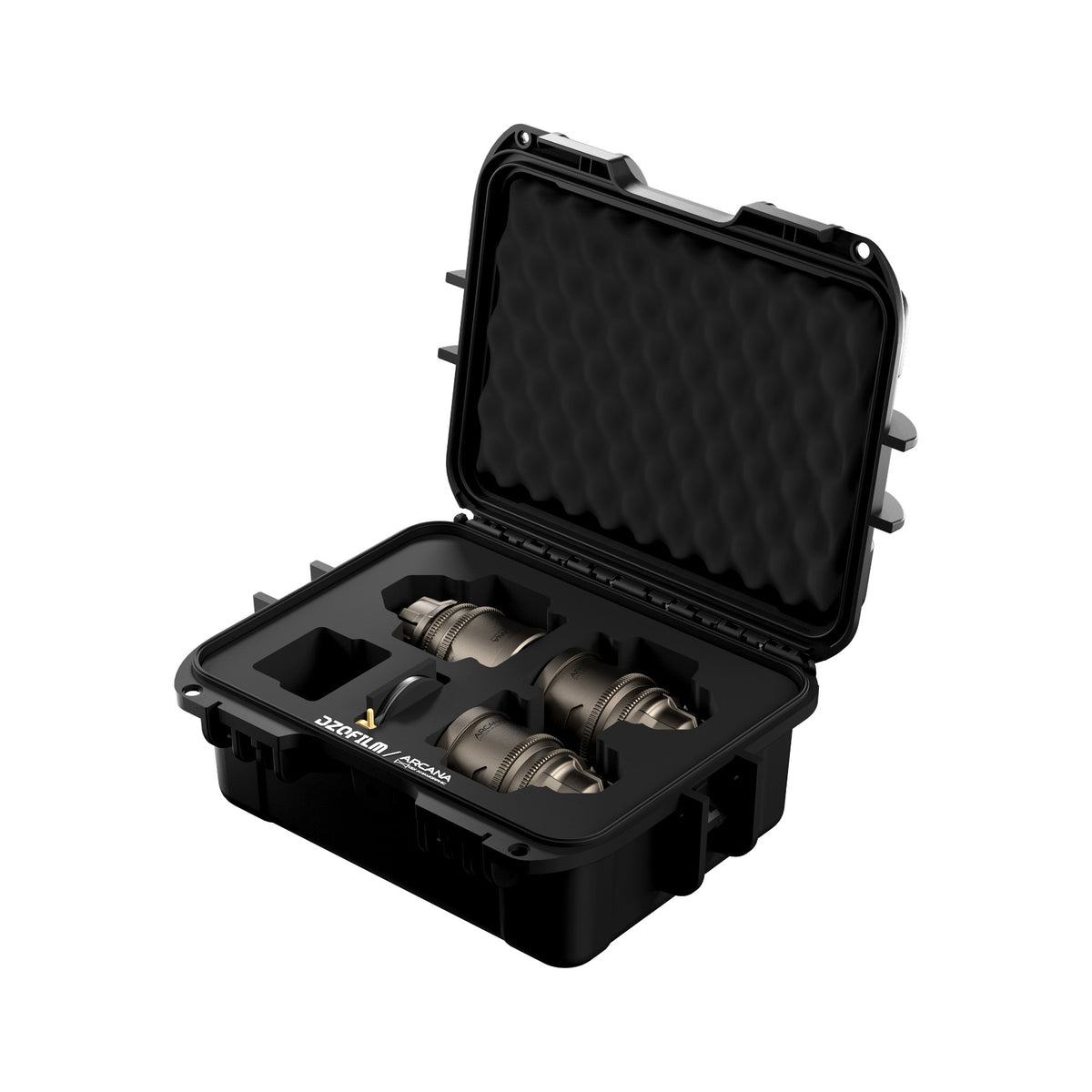 DZOFilm Arcana 1.5x anamorphic 3-lens set (32, 45, 75mm, PL mount) in open hard case
