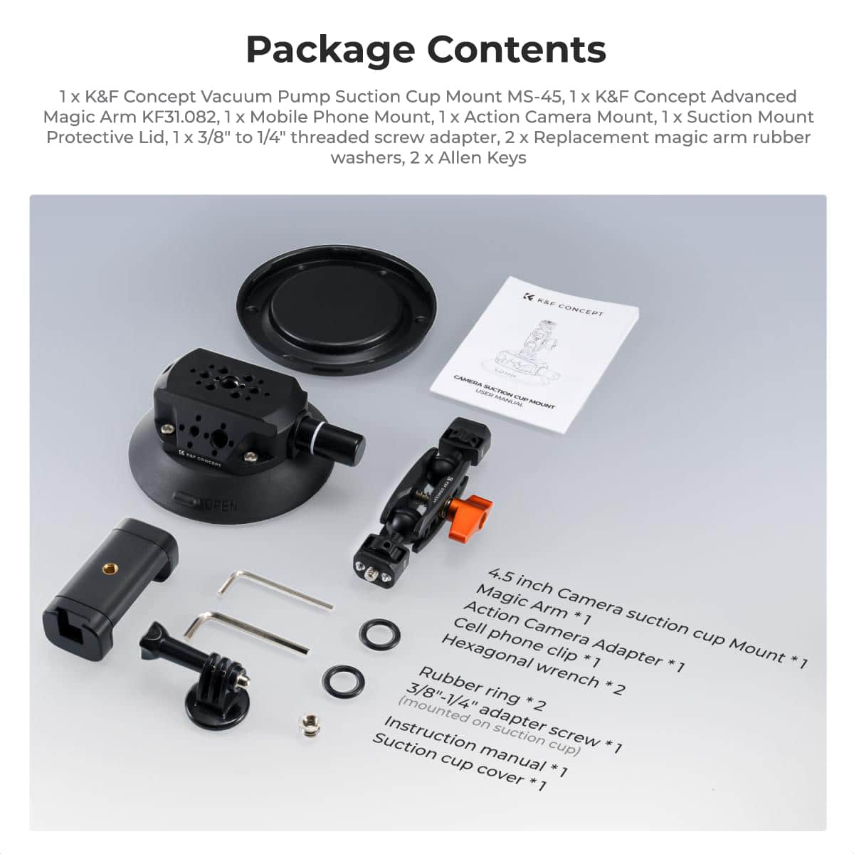 Package contents laid out: 4.5″ suction base, advanced magic arm, phone mount, action cam adapter, tools and spares