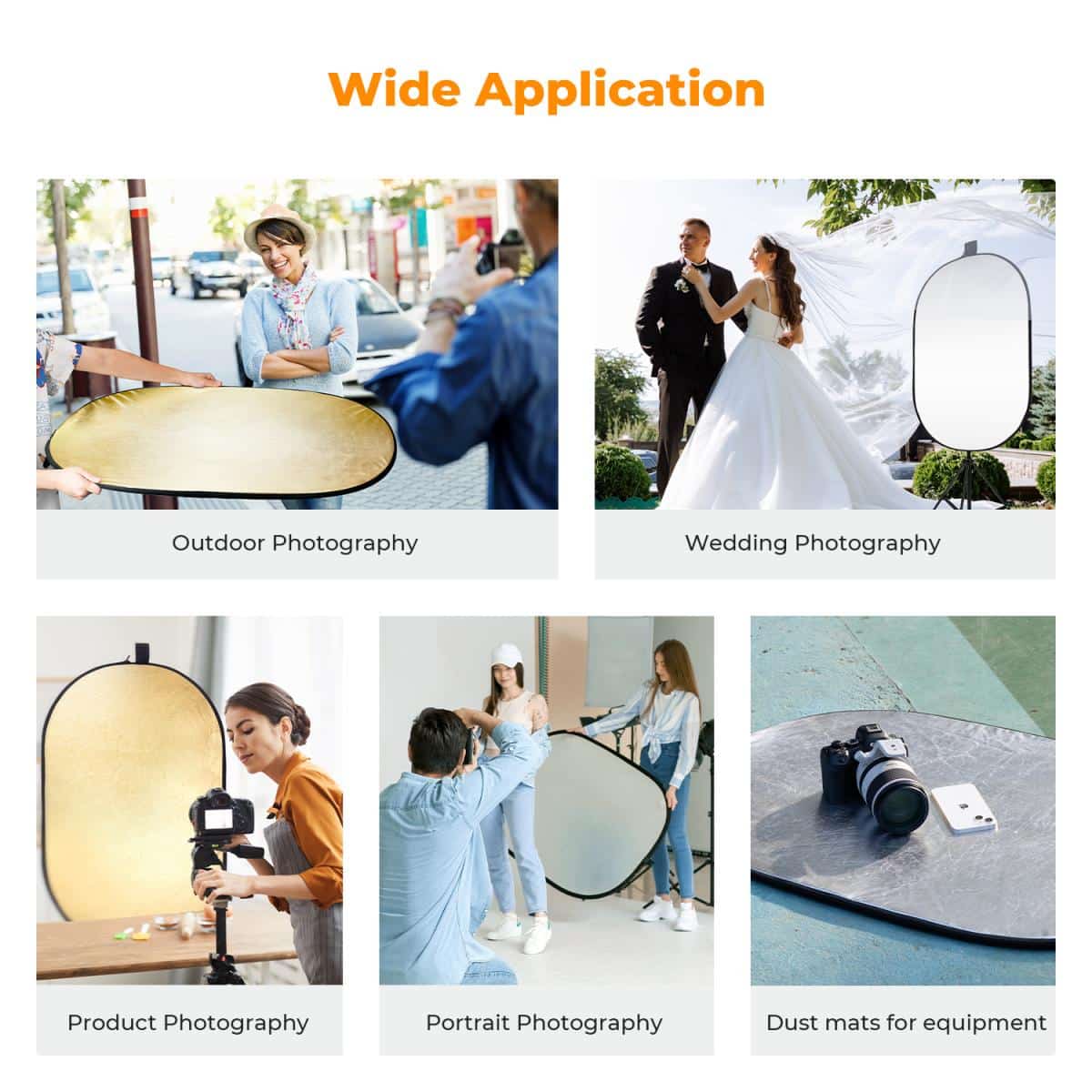K&F Concept 5-in-1 Oval Reflector used in multiple photography scenarios including outdoor, wedding, product, portrait, and equipment protection applications.
