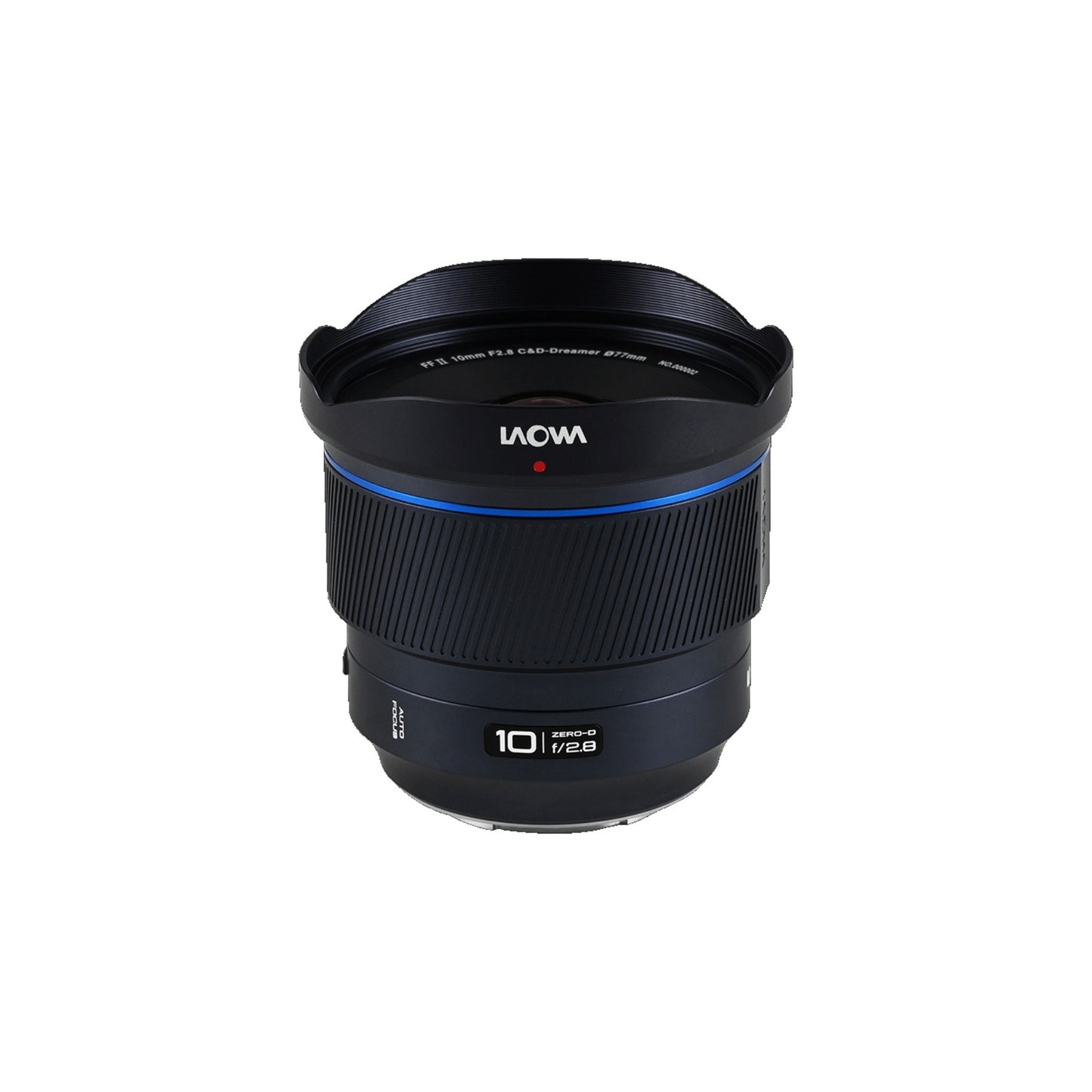 Laowa 10mm with hood fully extended, front-angled composition on white background.
