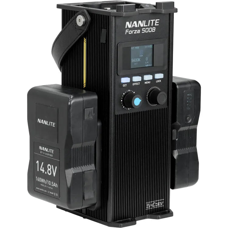 Nanlite Forza 500B II bi-color control unit with vmount batteries attached.