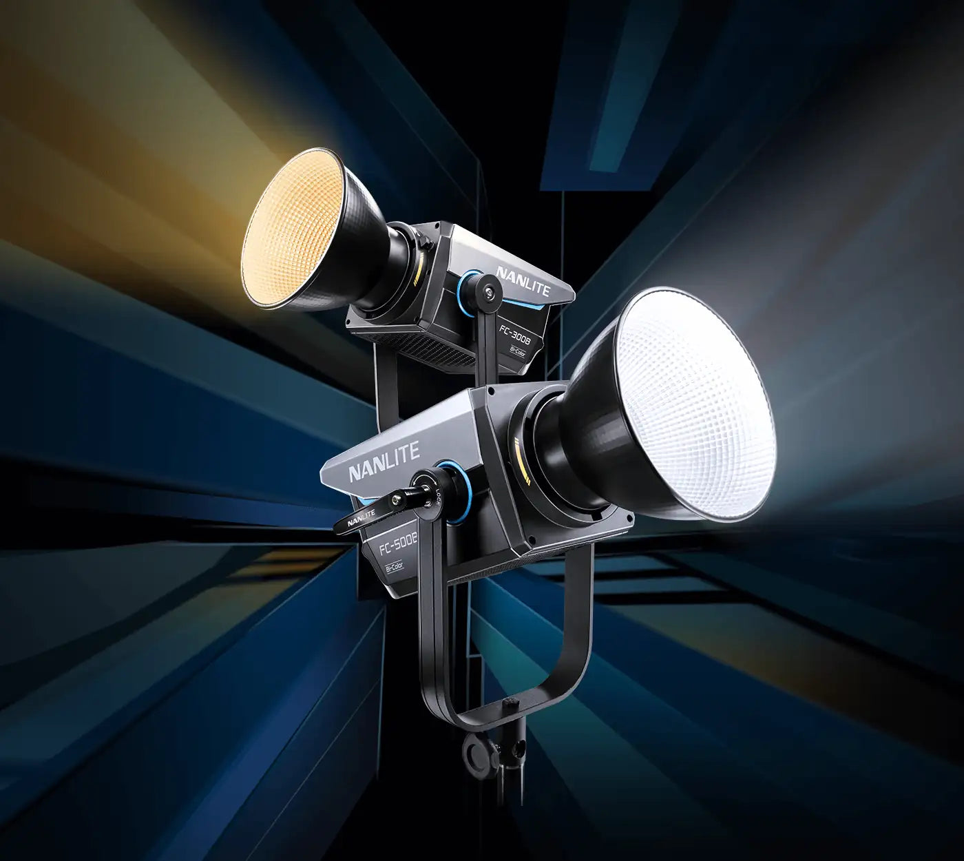 Nanlite FC-300B and FC-500B LED lights emitting warm and daylight beams against a dynamic blue studio background.