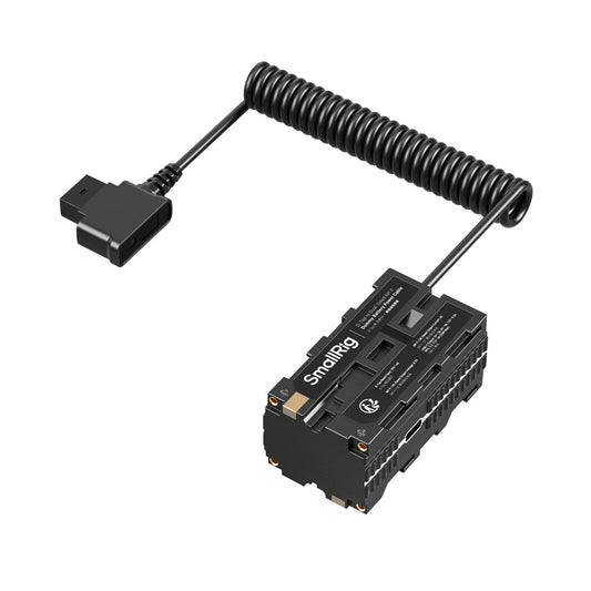 SmallRig D-Tap to Dual NP-F dummy battery adapter with coiled power cable and compact housing design.