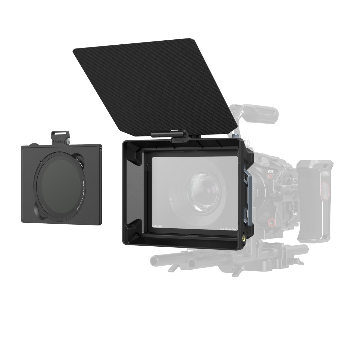 SmallRig Matte Box Kit with CPL and VND Filters front view — matte box with carbon-fibre top flag and filter system shown on camera rig.