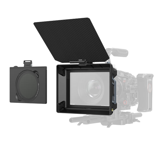 SmallRig Matte Box Kit with CPL and VND Filters front view — matte box with carbon-fibre top flag and filter system shown on camera rig.