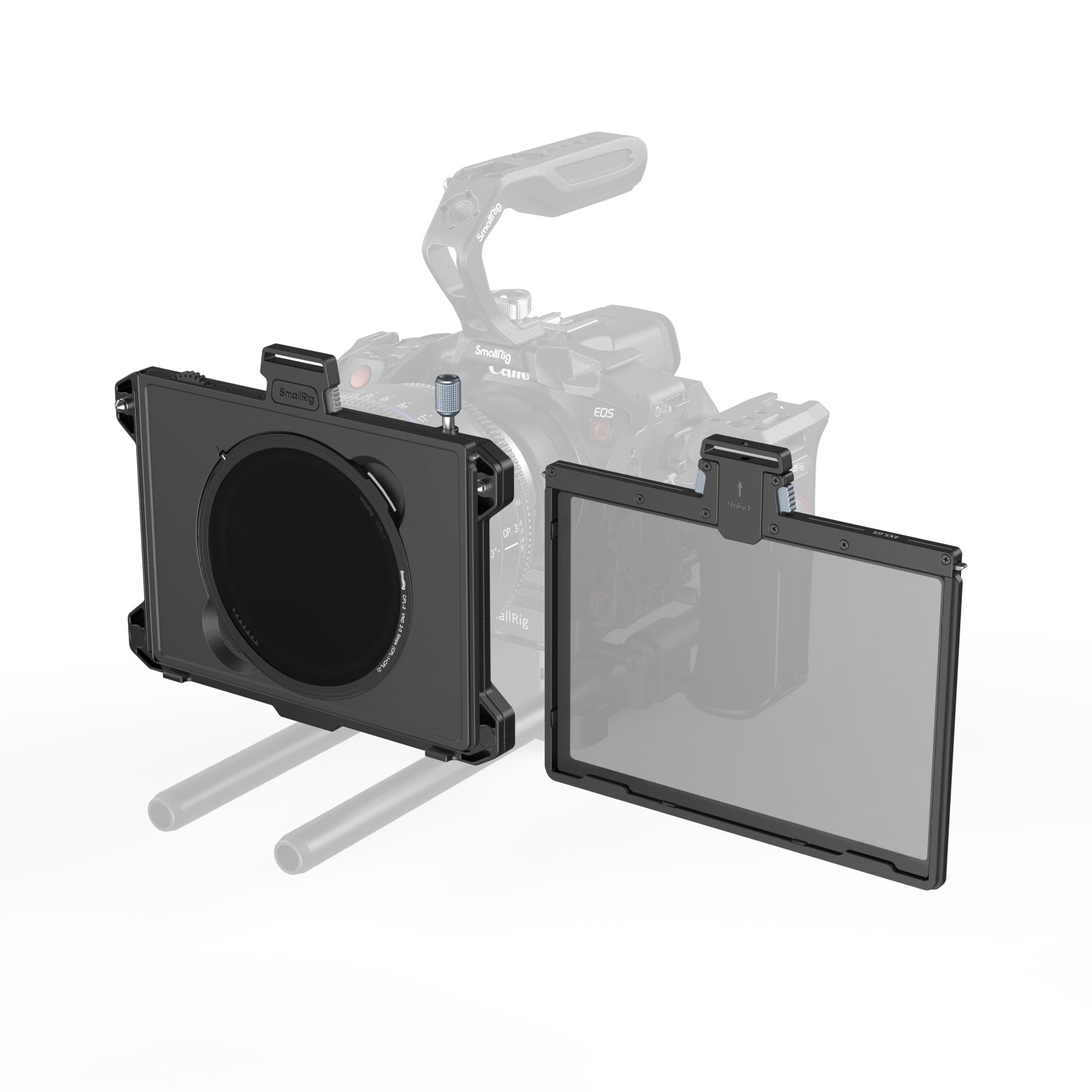 SmallRig 5011 matte box and filters side-by-side — showcasing CPL and VND filters alongside the matte box frame.