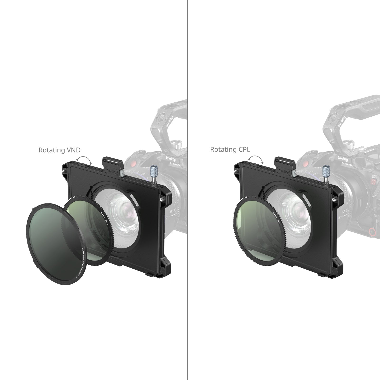 Dual view of rotating CPL and VND filters on SmallRig matte box — demonstrating independent rotation control.