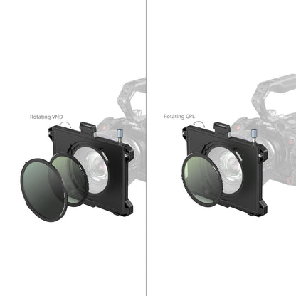 Dual view of rotating CPL and VND filters on SmallRig matte box — demonstrating independent rotation control.