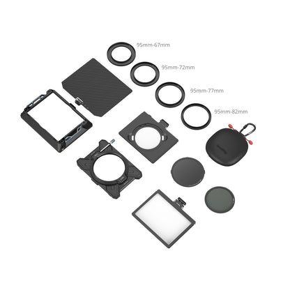SmallRig Matte Box Kit components laid out — includes matte box, top flag, CPL, VND filters, and 67mm–82mm adapter rings.