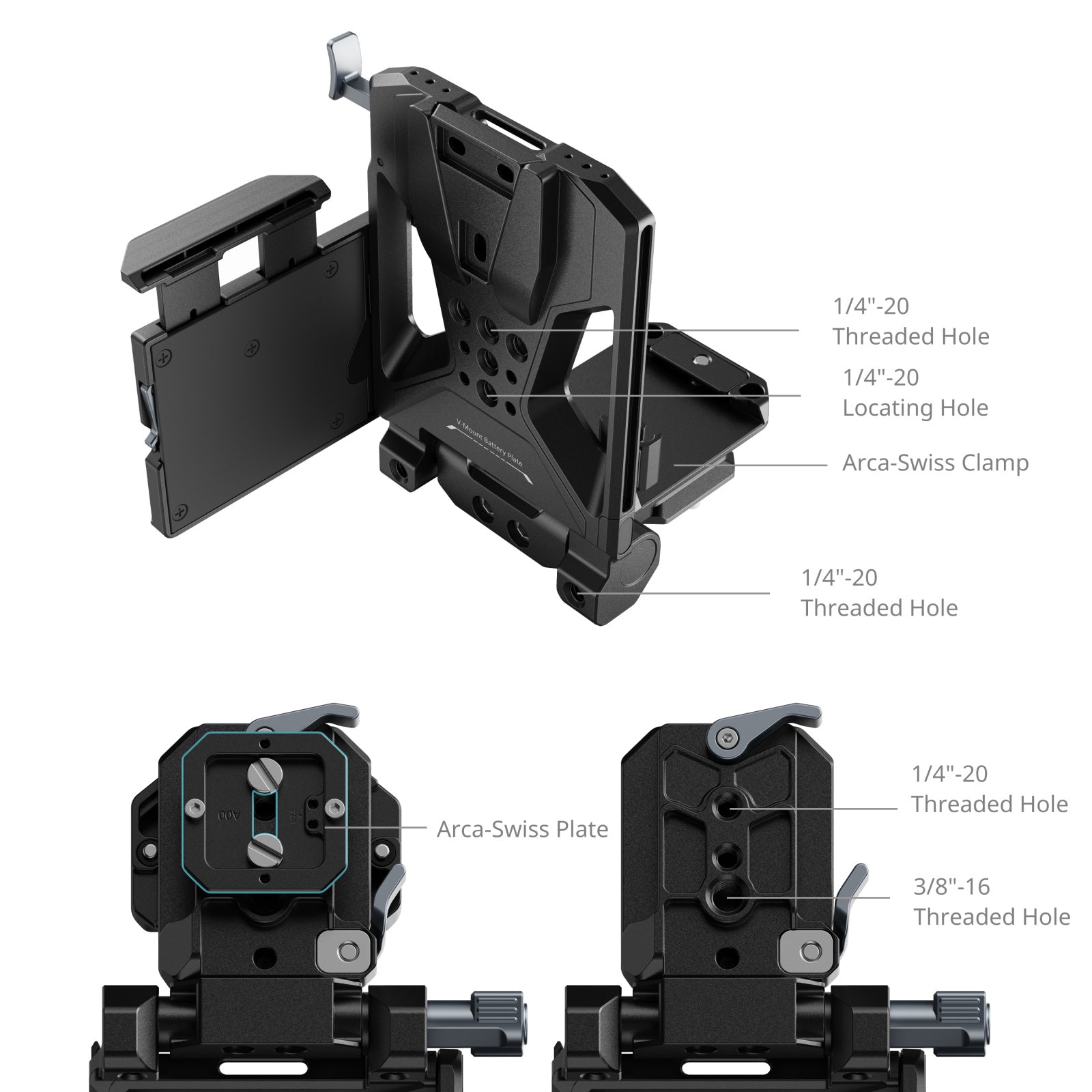 Technical image of SmallRig V-Mount Battery Plate Kit Pro – multiple threaded holes and Arca-Swiss clamp system close-up.