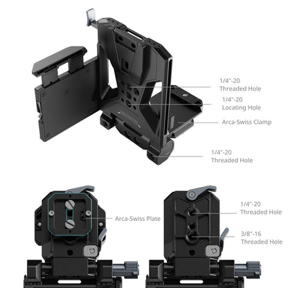 Technical image of SmallRig V-Mount Battery Plate Kit Pro – multiple threaded holes and Arca-Swiss clamp system close-up.