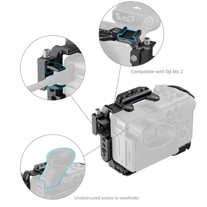 Enlarged view of cable clamp and mic compatibility on FX2 cage, ensuring unobstructed access to camera ports.