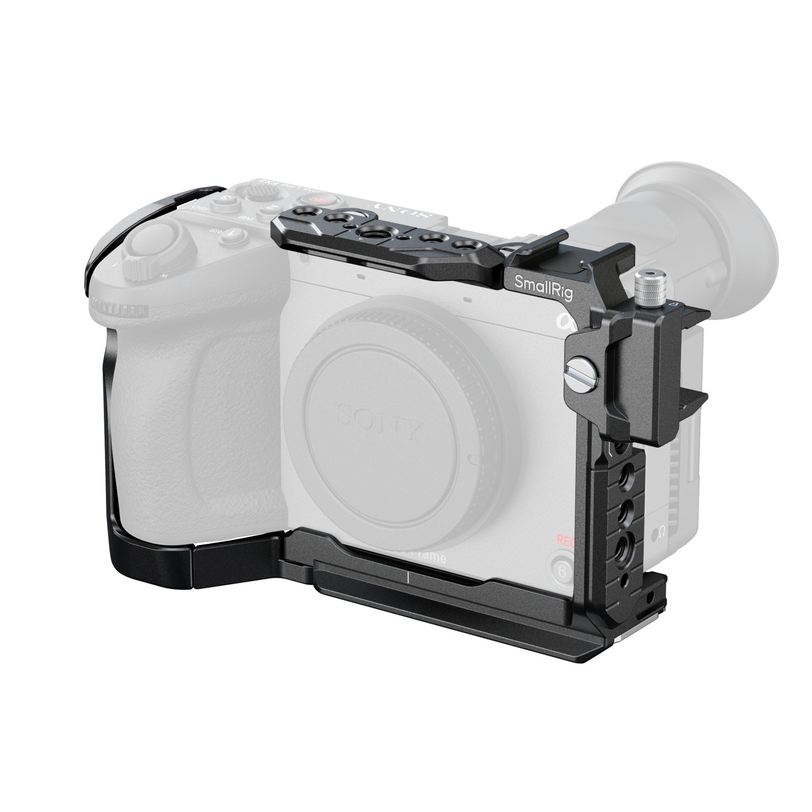 SmallRig camera cage securely mounted on Sony FX2, providing full-frame body protection with multiple accessory mounting points.