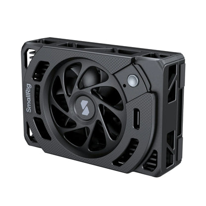 Close-up view of SmallRig Cooling Fan highlighting industrial design and branding.