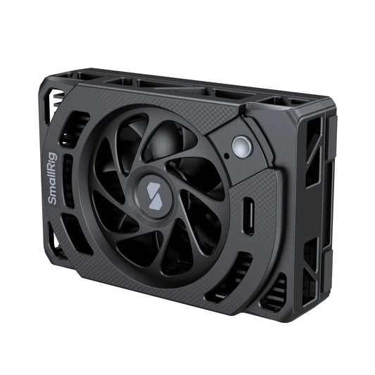 Close-up view of SmallRig Cooling Fan highlighting industrial design and branding.