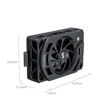 Cooling Fan dimensions shown in millimeters: 75mm x 52mm x 21.5mm.