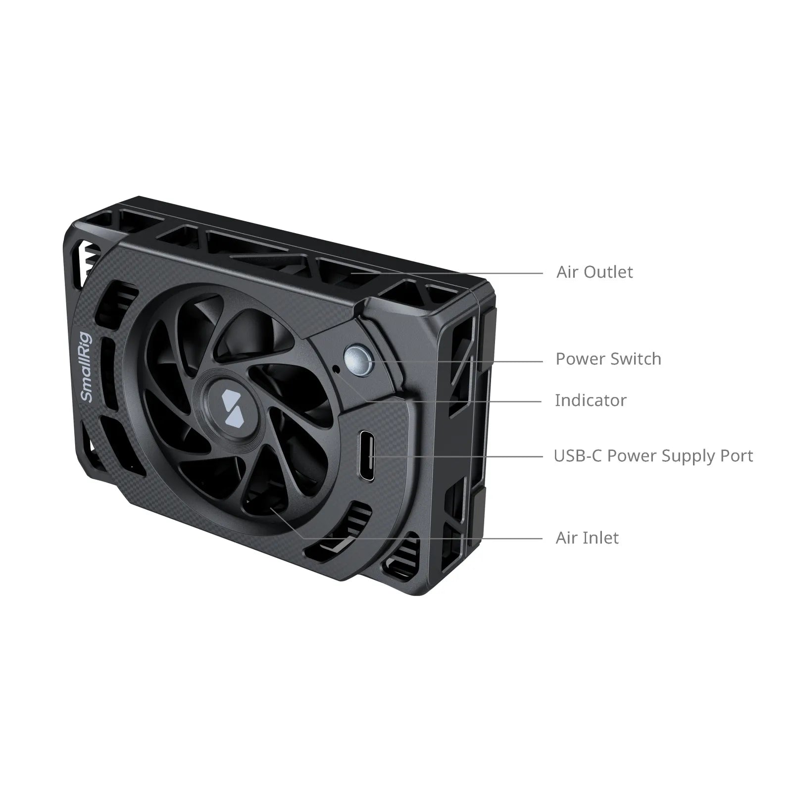 Labeled parts of the SmallRig Cooling Fan including air outlet, power button, USB-C port, and air inlet.