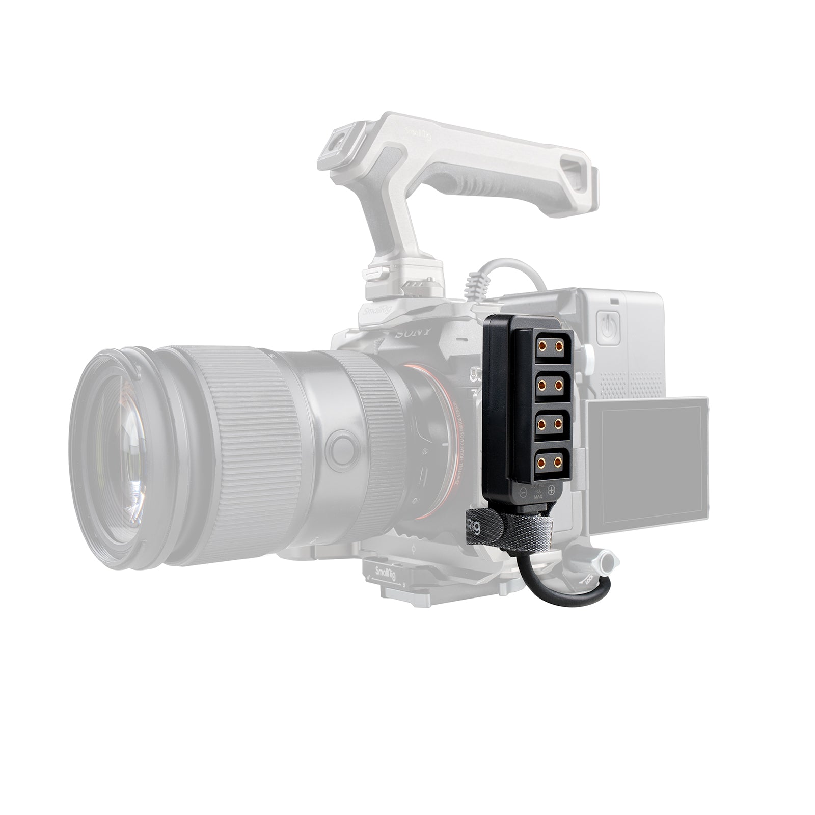 SmallRig D-Tap 1-to-4 Power Cable – compact power hub attached to Sony FX6 rig with four outputs visible.