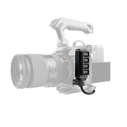 SmallRig D-Tap 1-to-4 Power Cable – compact power hub attached to Sony FX6 rig with four outputs visible.