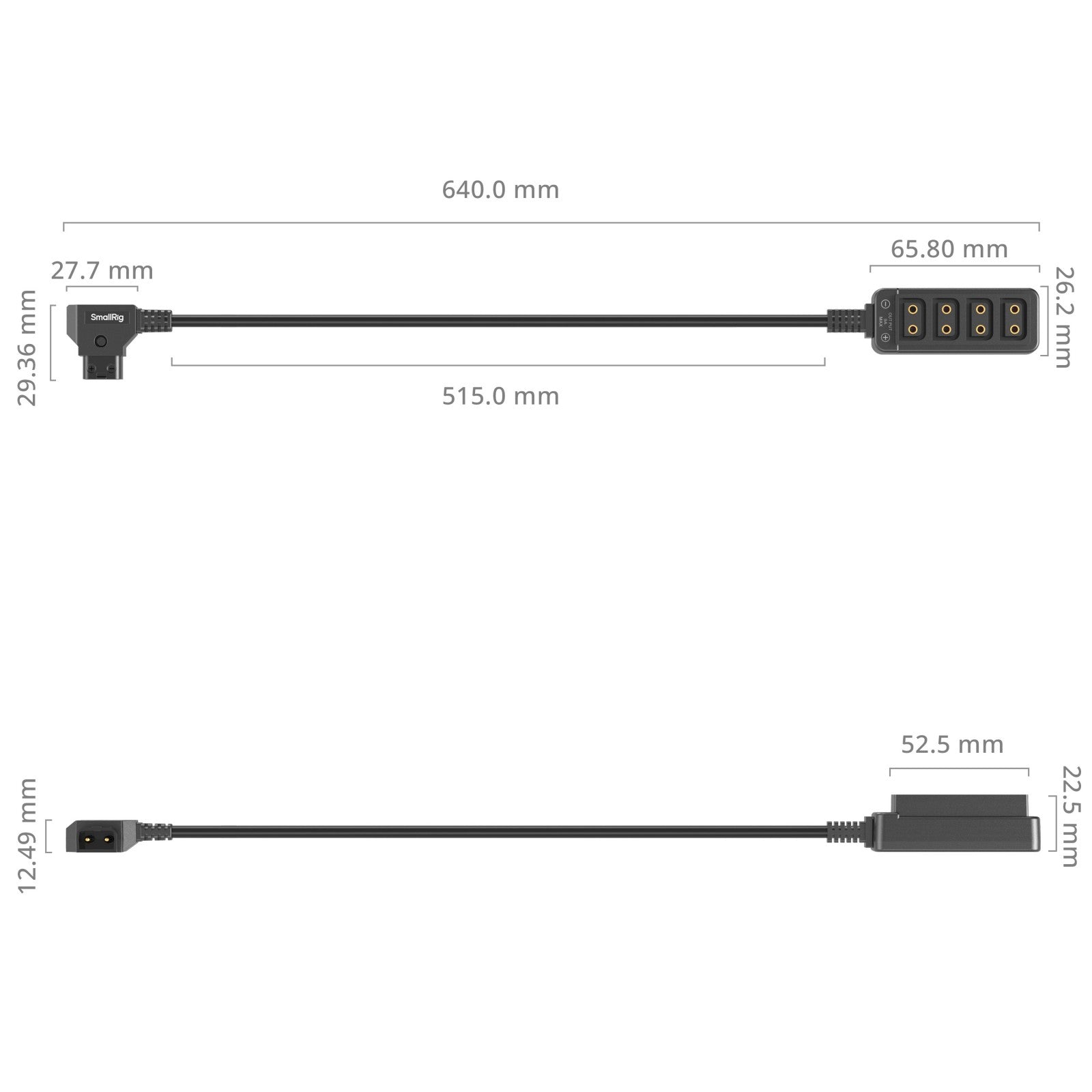 SmallRig D-Tap 1-to-4 Power Cable – technical dimensions diagram with measurements of length and connector sizes.