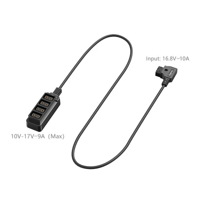 SmallRig D-Tap 1-to-4 Power Cable – angled view with voltage input and output ratings shown on cable housing.