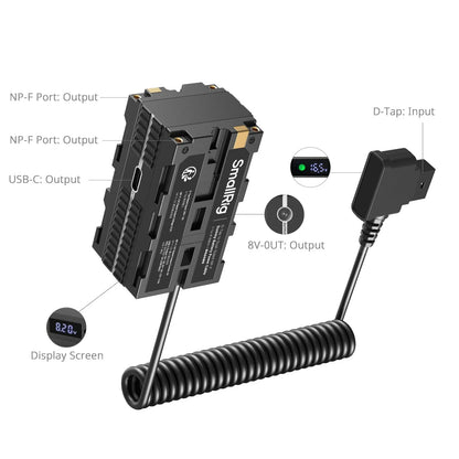Labeled ports and display screen on the SmallRig dummy battery showing NP-F outputs, USB-C output, and 8V DC out.