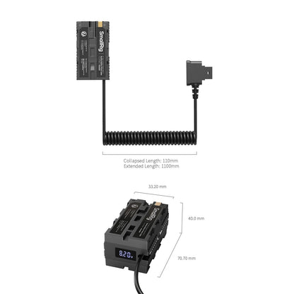 Top and side dimensions of SmallRig D-Tap to Dual-Sided NP-F Dummy Battery Power Cable, including cable length and housing size.