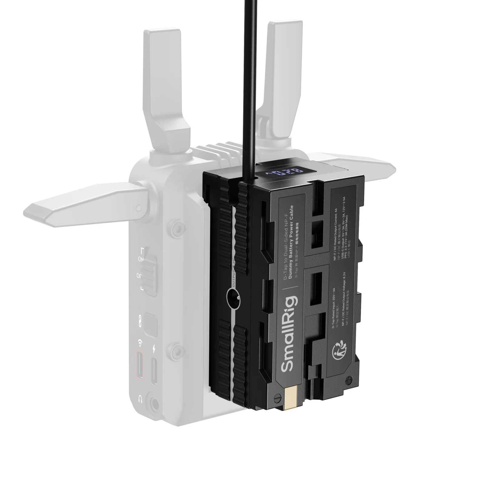 Rear view of the SmallRig dummy battery unit showing dual NP-F outputs and voltage display screen.
