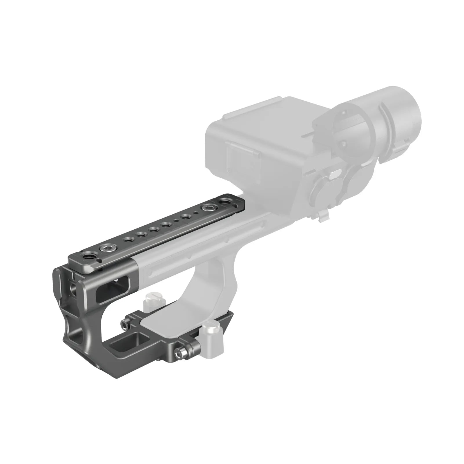 Side angle of the Extension Mount Plate Kit attached to the XLR Handle on a Sony FX3 camera rig, displaying its fit and finish with other rig accessories.