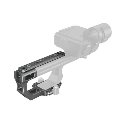 Side angle of the Extension Mount Plate Kit attached to the XLR Handle on a Sony FX3 camera rig, displaying its fit and finish with other rig accessories.