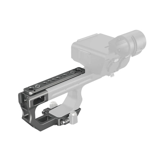 Side angle of the Extension Mount Plate Kit attached to the XLR Handle on a Sony FX3 camera rig, displaying its fit and finish with other rig accessories.