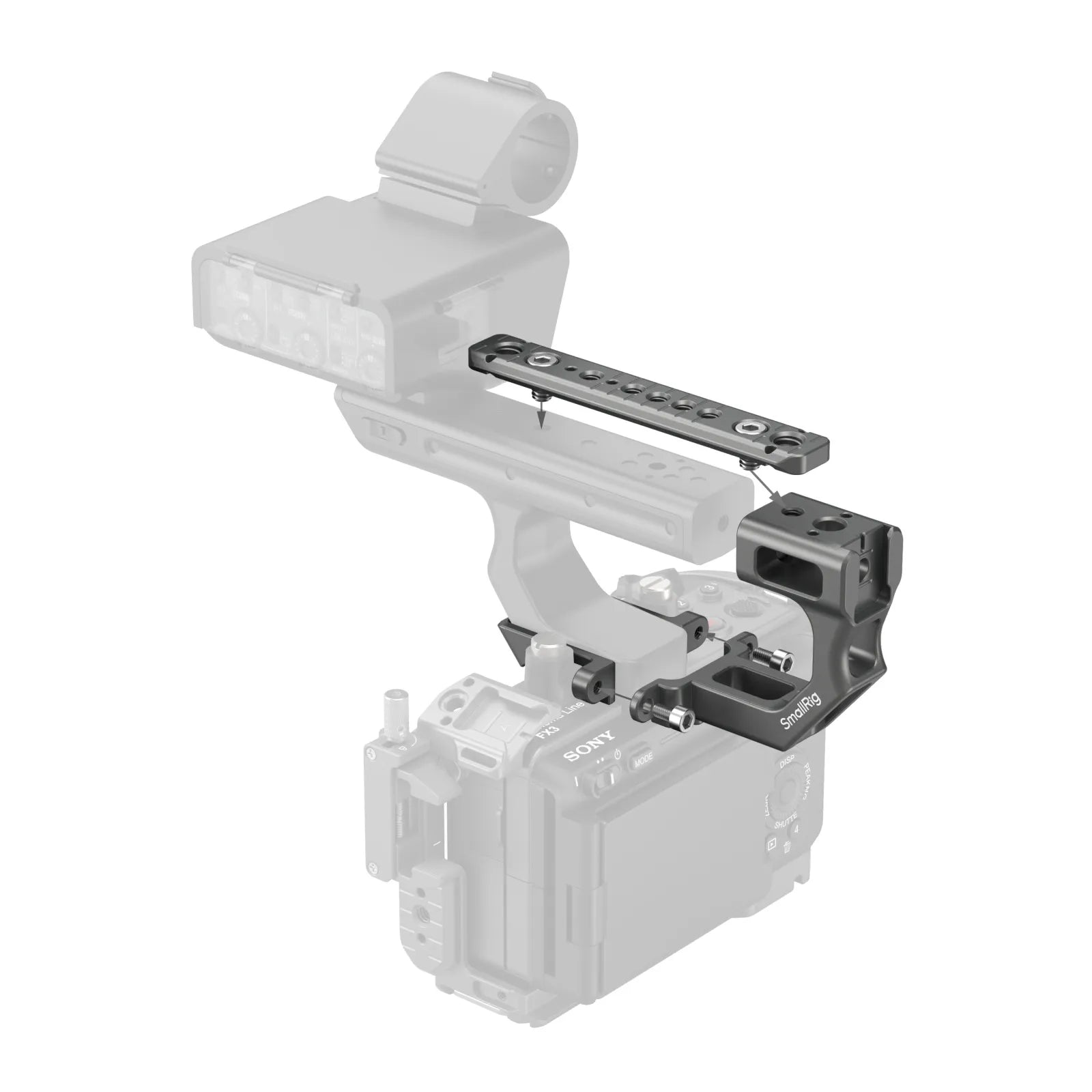 Exploded installation view showing the top plate, screws, and bracket alignment of the Extension Mount Plate Kit above the XLR handle.