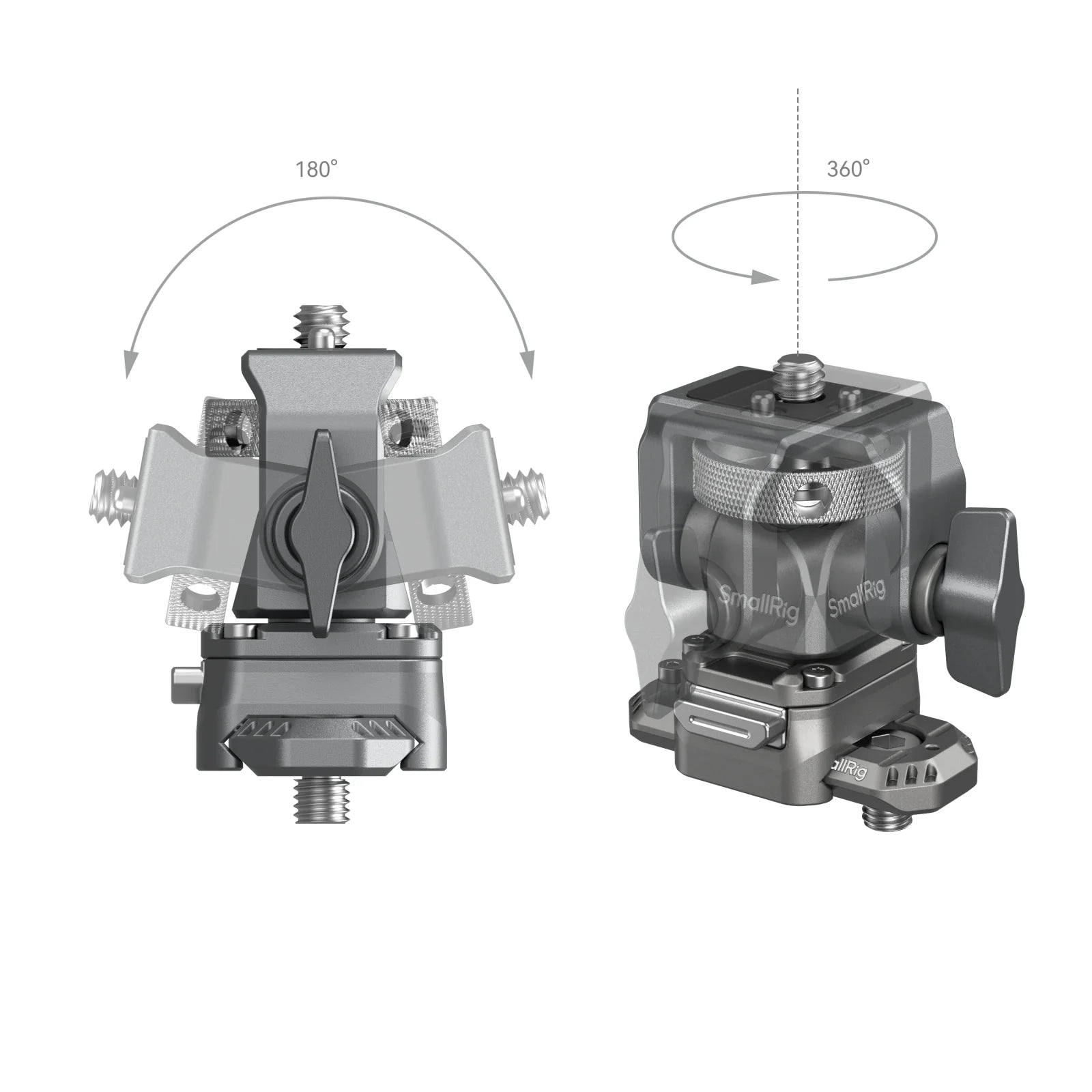 Diagram showing full 360° horizontal rotation and 180° vertical tilt capabilities of the SmallRig HawkLock H21 mount.