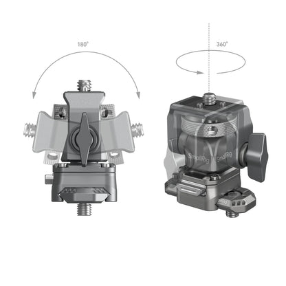 Diagram showing full 360° horizontal rotation and 180° vertical tilt capabilities of the SmallRig HawkLock H21 mount.