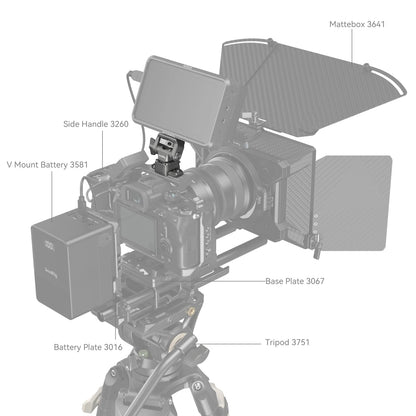Full camera rig setup using the HawkLock H21 NATO Clamp to mount an external monitor, with other components like a matte box, V-mount battery, and base plate labeled.